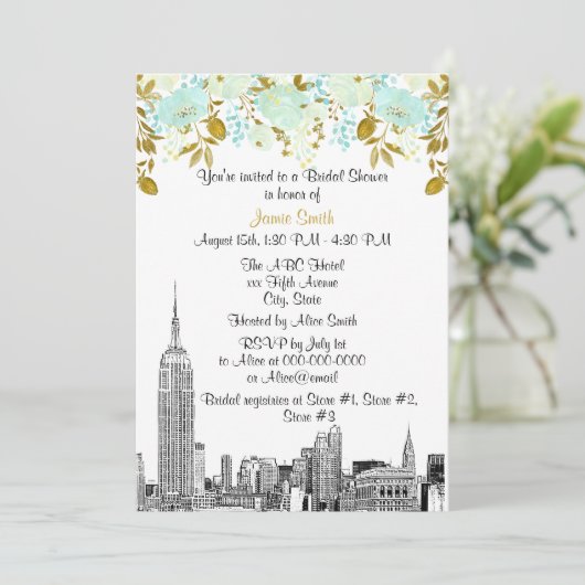 NYC Skyline ESB Etch Mint Gld Floral Vrijgezellenf Kaart (Staand voorkant)