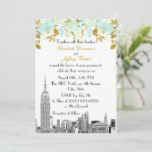 NYC Skyline ESB Etch Mint Gold Floral Wedding Kaart (Staand voorkant)