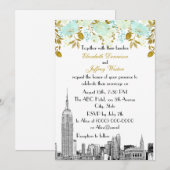 NYC Skyline ESB Etch Mint Gold Floral Wedding Kaart (Voorkant / Achterkant)