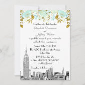 NYC Skyline ESB Etch Mint Gold Floral Wedding Kaart (Voorkant)