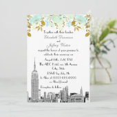 NYC Skyline ESB Etch Mint Gold Floral Wedding Kaart (Staand voorkant)