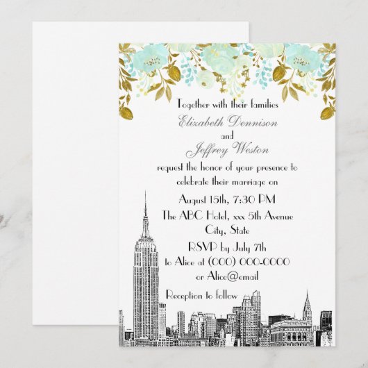 NYC Skyline ESB Etch Mint Gold Floral Wedding Kaart (Voorkant / Achterkant)