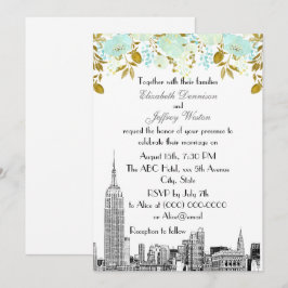 NYC Skyline ESB Etch Mint Gold Floral Wedding Kaart
