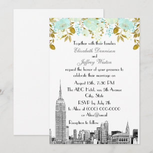 NYC Skyline ESB Etch Mint Gold Floral Wedding Kaart