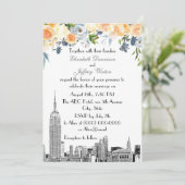 NYC Skyline ESB Etch Peach Blues Floral Wedding Kaart (Staand voorkant)
