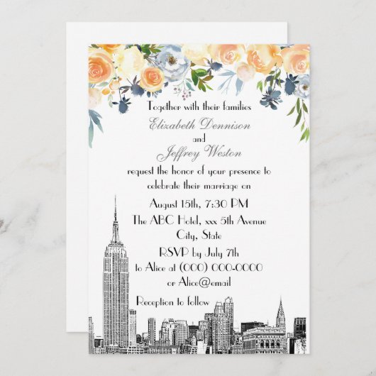 NYC Skyline ESB Etch Peach Blues Floral Wedding Kaart (Voorkant / Achterkant)
