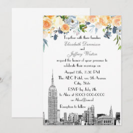 NYC Skyline ESB Etch Peach Blues Floral Wedding Kaart