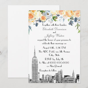 NYC Skyline ESB Etch Peach Blues Floral Wedding Kaart