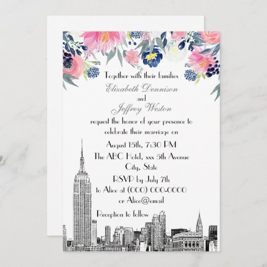 NYC Skyline ESB Etch Pink Blue Floral Wedding Kaart (Voorkant / Achterkant)