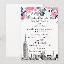 NYC Skyline ESB Etch Pink Blue Floral Wedding Kaart