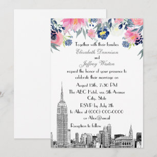 NYC Skyline ESB Etch Pink Blue Floral Wedding Kaart