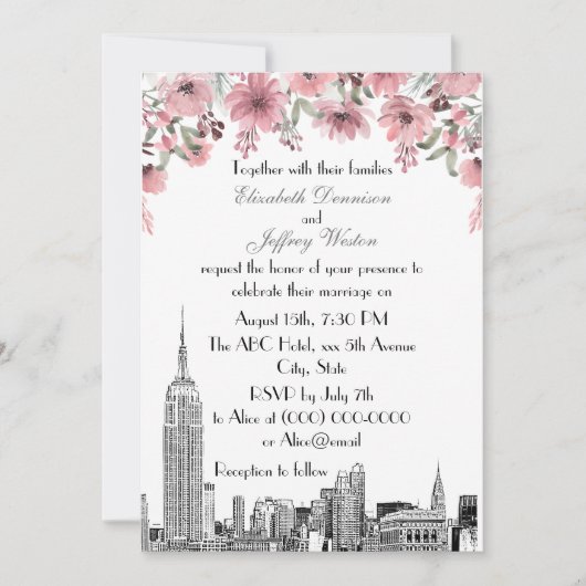 NYC Skyline ESB Etch Pink Floral Wedding Kaart (Voorkant)