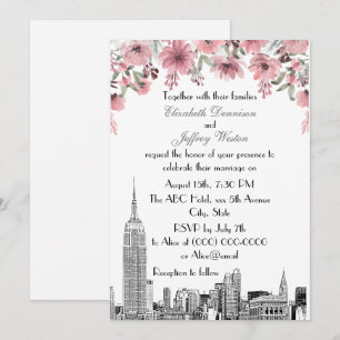 NYC Skyline ESB Etch Pink Floral Wedding Kaart