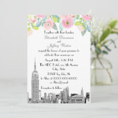 NYC Skyline ESB Etch Pink Ranunculus Flower Weddin Kaart (Staand voorkant)