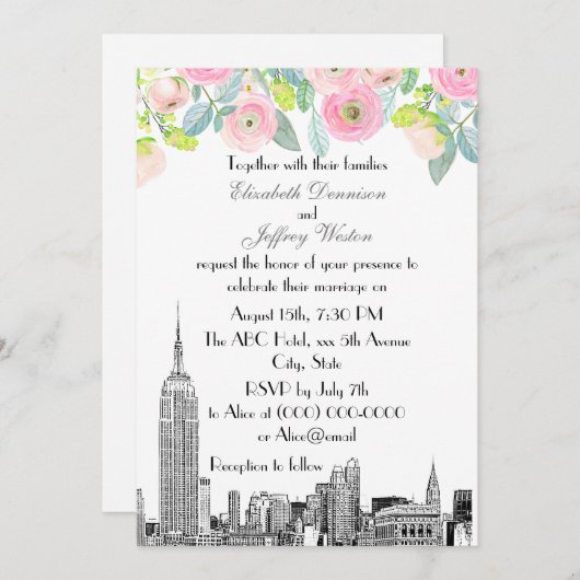 NYC Skyline ESB Etch Pink Ranunculus Flower Weddin Kaart (Voorkant / Achterkant)