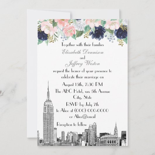 NYC Skyline ESB Etch Pink Wholet Blue Gold Floral Kaart (Voorkant)