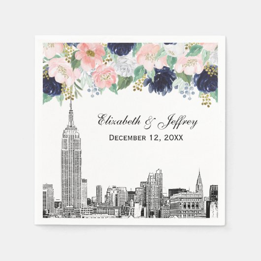 NYC Skyline ESB Etch Pink Wholet Blue Gold Floral Servet (Voorkant)