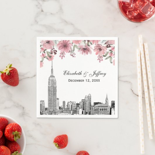NYC Skyline ESB Etch Roze Bloemen Waterverf Servet (Insitu)