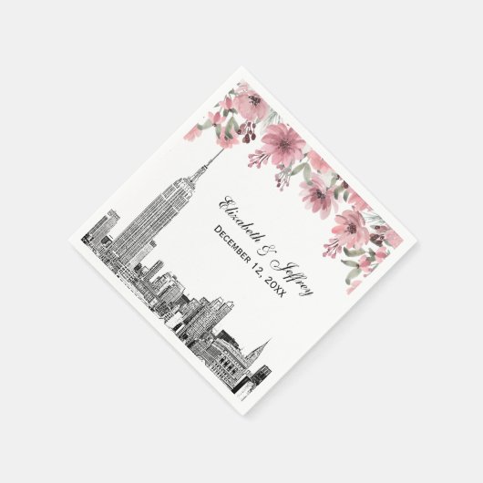 NYC Skyline ESB Etch Roze Bloemen Waterverf Servet (Hoek)