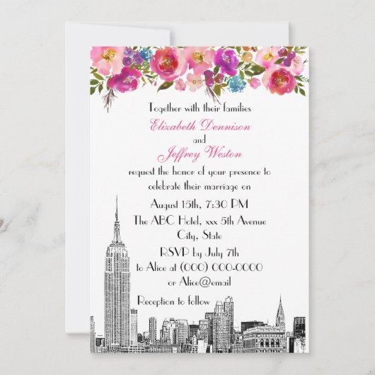 NYC Skyline ESB Etch Spring Pink Floral Wedding Kaart (Voorkant)