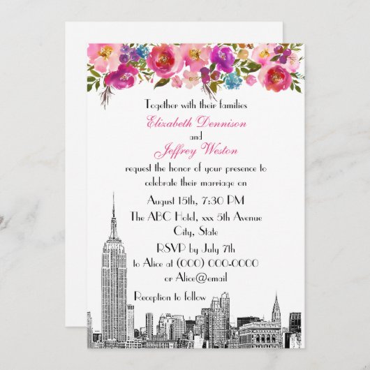 NYC Skyline ESB Etch Spring Pink Floral Wedding Kaart (Voorkant / Achterkant)