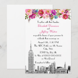 NYC Skyline ESB Etch Spring Pink Floral Wedding Kaart
