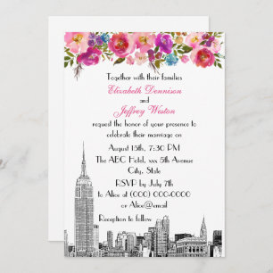 NYC Skyline ESB Etch Spring Pink Floral Wedding Kaart