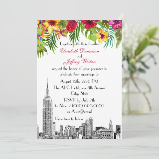 NYC Skyline ESB Etch Tropical Wedding Kaart (Staand voorkant)