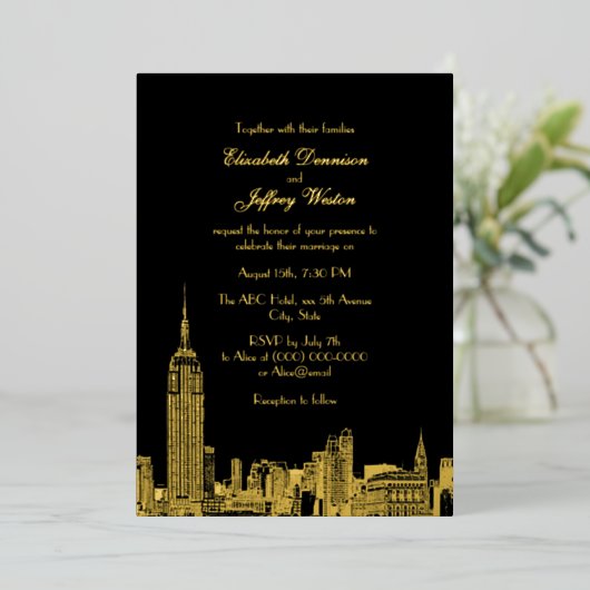 NYC Skyline ESB Etch Wedding Folie Uitnodiging (Staand Voorkant)