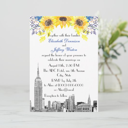 NYC Skyline ESB Etch Zonnebloem #2 Bloemen Huwelij Kaart (Staand voorkant)
