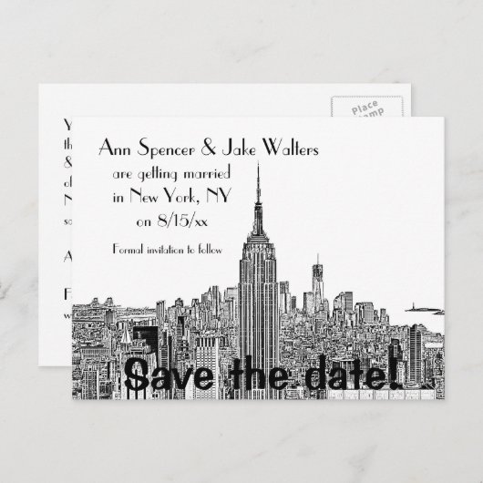 NYC Skyline ESB Top o the Rock Etch Opslagdatum 2 Aankondigingskaart (Voorkant / Achterkant)