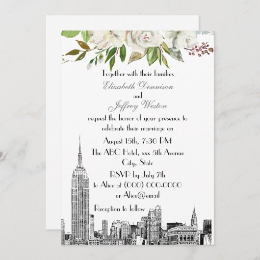 NYC Skyline ESB Witte Bloemen Waterverf Bruiloft # Kaart (Voorkant / Achterkant)