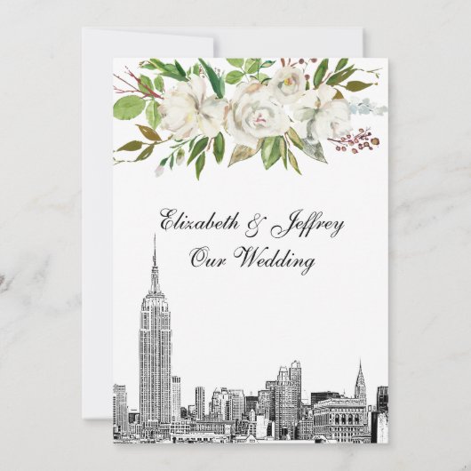 NYC Skyline ESB Witte Bloemen Waterverf Bruiloft Kaart (Achterkant)