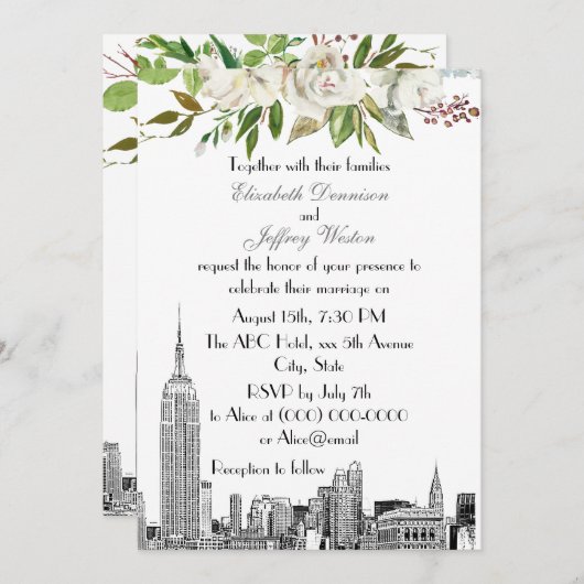 NYC Skyline ESB Witte Bloemen Waterverf Bruiloft Kaart (Voorkant / Achterkant)