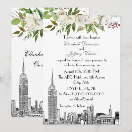 NYC Skyline ESB Witte Bloemen Waterverf Bruiloft Kaart