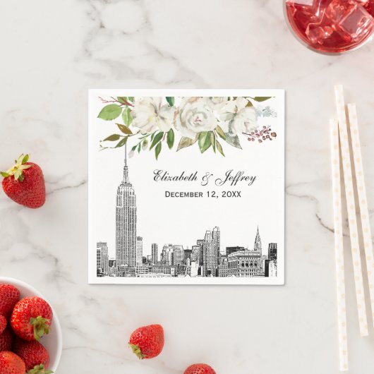 NYC Skyline ESB Witte Bloemen Waterverf Bruiloft Servet (Insitu)
