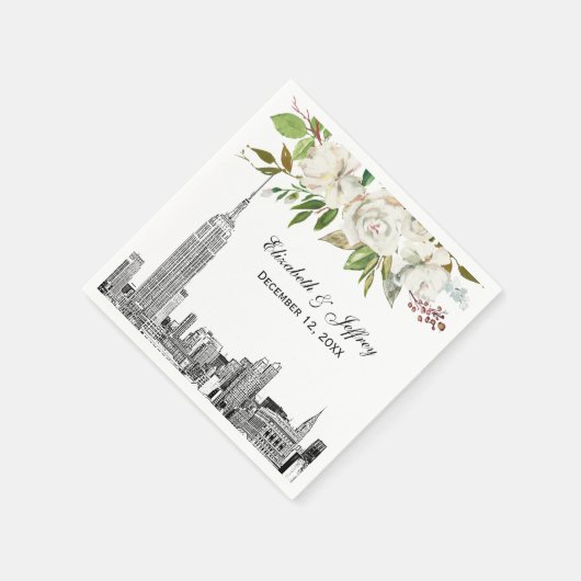 NYC Skyline ESB Witte Bloemen Waterverf Bruiloft Servet (Hoek)
