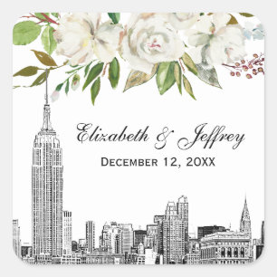 NYC Skyline ESB Witte Bloemen Waterverf Bruiloft Vierkante Sticker