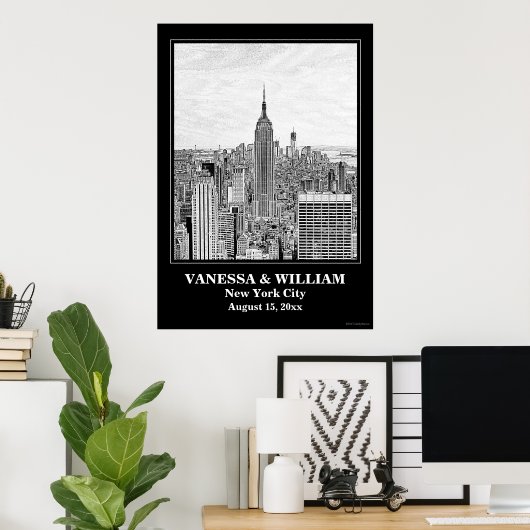 NYC Skyline ESB WTC Etch BW Wedding Poster (Thuiskantoor)