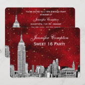 NYC Skyline Etch Sterrenrood BG SQ Sweet 16 H Kaart (Voorkant / Achterkant)