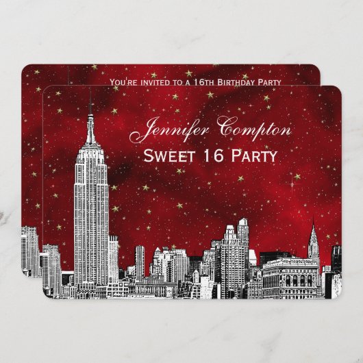 NYC Skyline Etch Sterrenrood BG SQ Sweet 16 H Kaart (Voorkant / Achterkant)