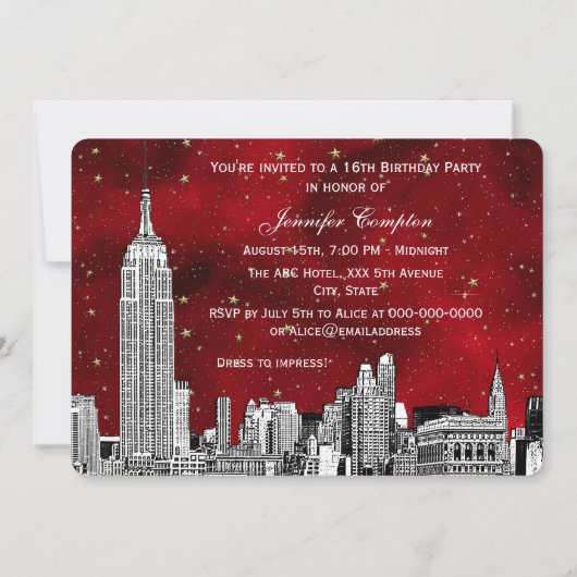 NYC Skyline Etch Sterrenrood BG SQ Sweet 16 H Kaart (Achterkant)