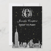 NYC Skyline Etchd Starry Vine Font DIY BG Sweet 16 Kaart (Voorkant)
