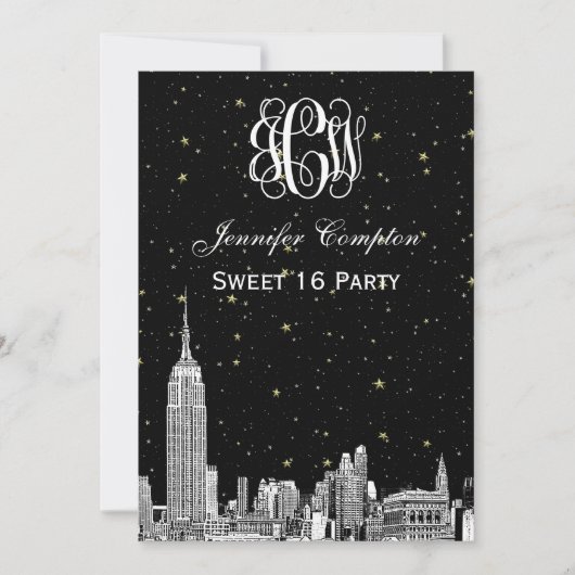 NYC Skyline Etchd Starry Vine Font DIY BG Sweet 16 Kaart (Voorkant)