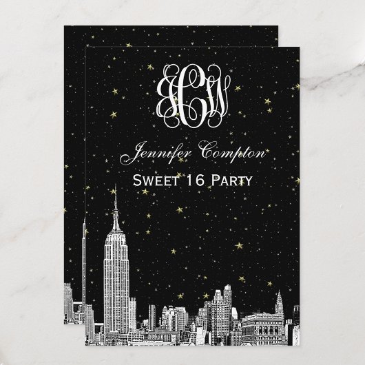 NYC Skyline Etchd Starry Vine Font DIY BG Sweet 16 Kaart