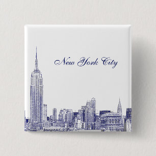 NYC Skyline Etched 01 Blue Vierkante Button 5,1 Cm