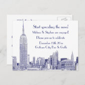 NYC Skyline Etched 01 Engagement Party Blue Uitnodiging Briefkaart (Voorkant / Achterkant)