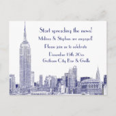 NYC Skyline Etched 01 Engagement Party Blue Uitnodiging Briefkaart (Voorkant)