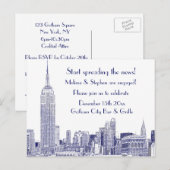NYC Skyline Etched 01 Engagement Party Blue Uitnodiging Briefkaart (Voorkant / Achterkant)