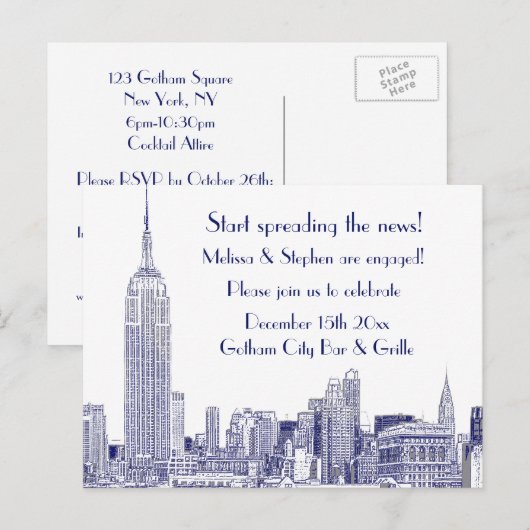 NYC Skyline Etched 01 Engagement Party Blue Uitnodiging Briefkaart (Voorkant / Achterkant)